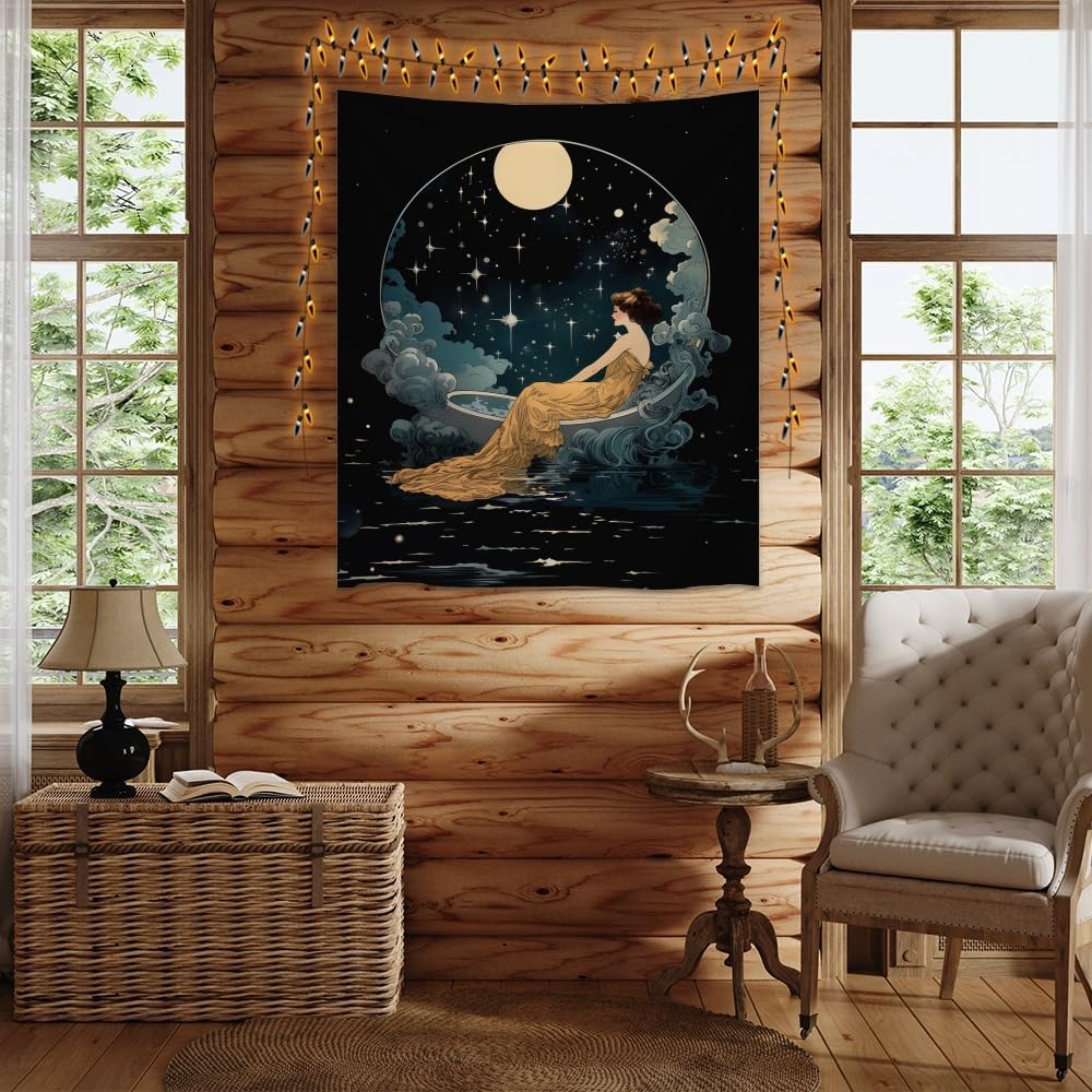 Dark Academia Tapestry Celestial Moonlit Bathing Lady Print Trendy Aesthetic Gothic Wall Hanging Vintage Art Nouveau Tapestries Wall Decor for Bedroom Living Room Dorm 30x40inch