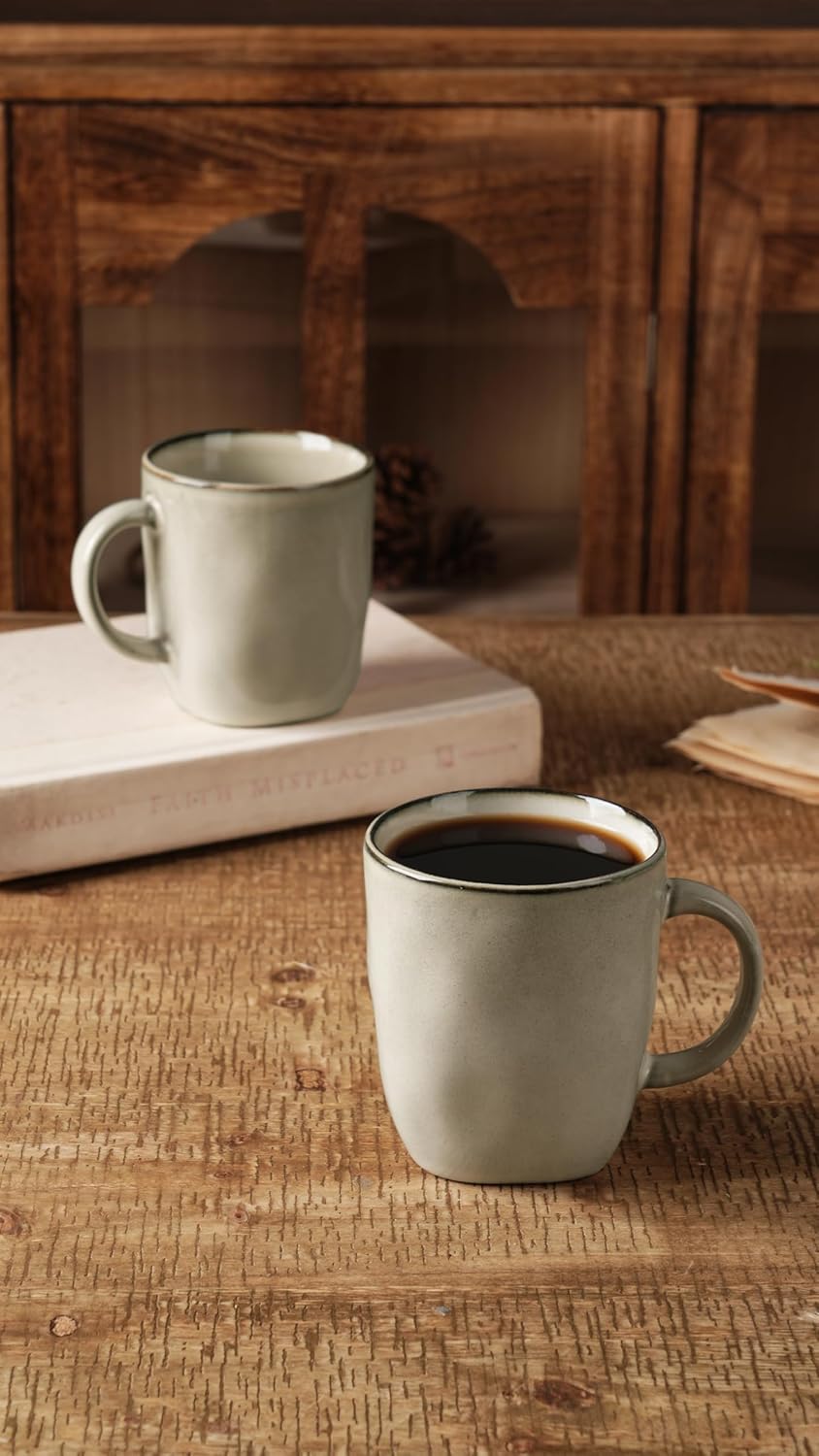 famiware Coffee Mugs Set of 4, Ocean Square 13oz Coffee Cup Set with Handle for Cocoa, Milk, Hot Chocolate, Tea, Water, Stoneware Cups for Kitchen, Microwave and Dishwasher Safe, Light khaki