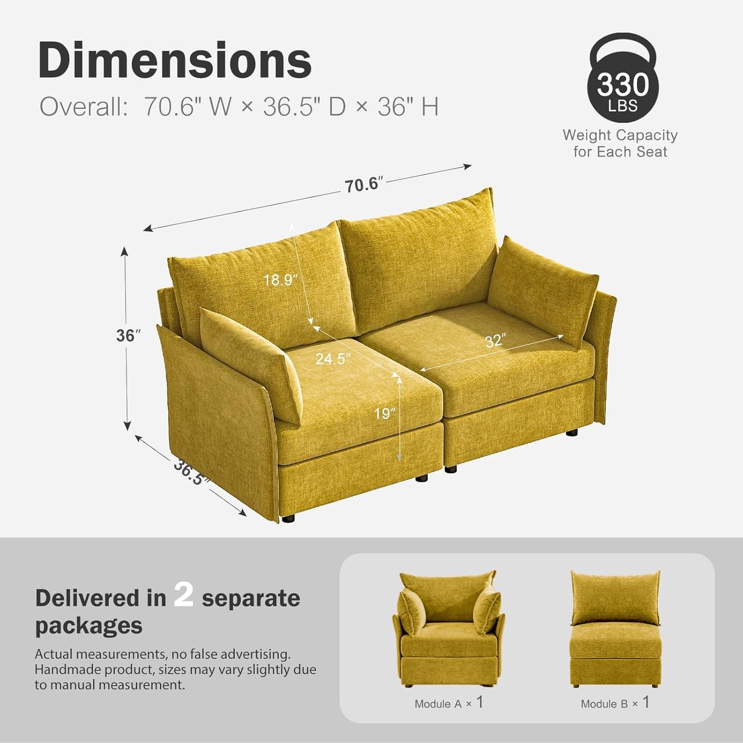 Oversized Loveseat Sofa, Modern Modular Sectional Couch Yellow Fluffy Chenille Mid Century 2-Seat 24.5" Deep Seat for Apartment, Living Room, Bedroom