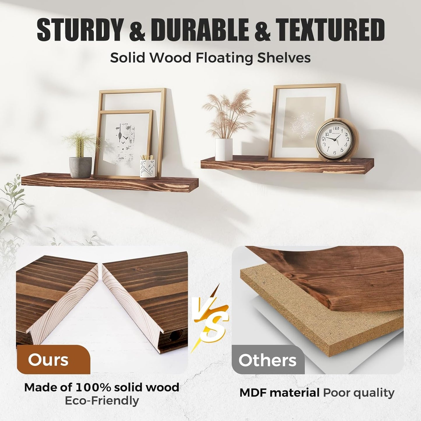 Floating Wall Shelves 2-Pack - Rustic Brown 16-inch Wooden Wall Shelves for Storage and Décor, Multi-Functional and Easy to Install for Living Room, Bedroom, and Kitchen