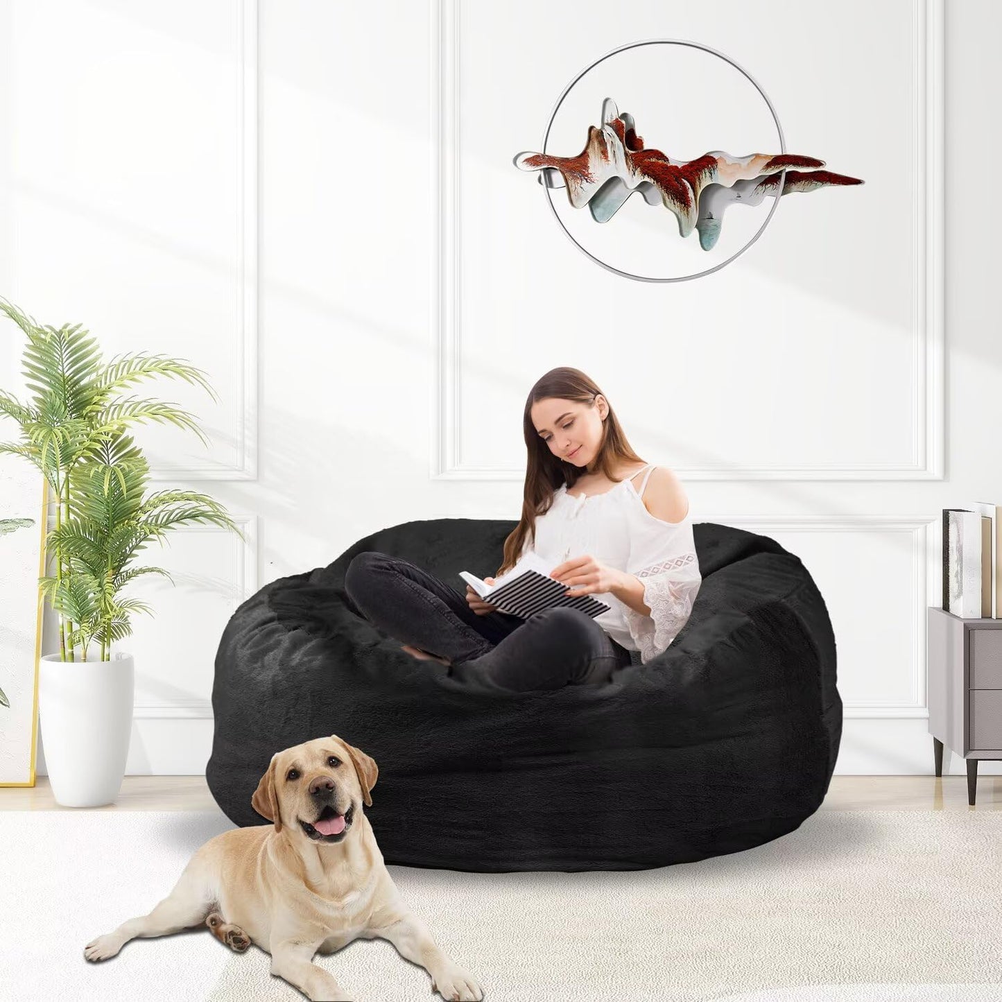 Bean Bag Chair for Adults 3FT,Soft Removable Cover for Teens/Girls Bedroom,Fluffy Giant Round Floor Beanbag Lounger Chairs (No Filler,Black)