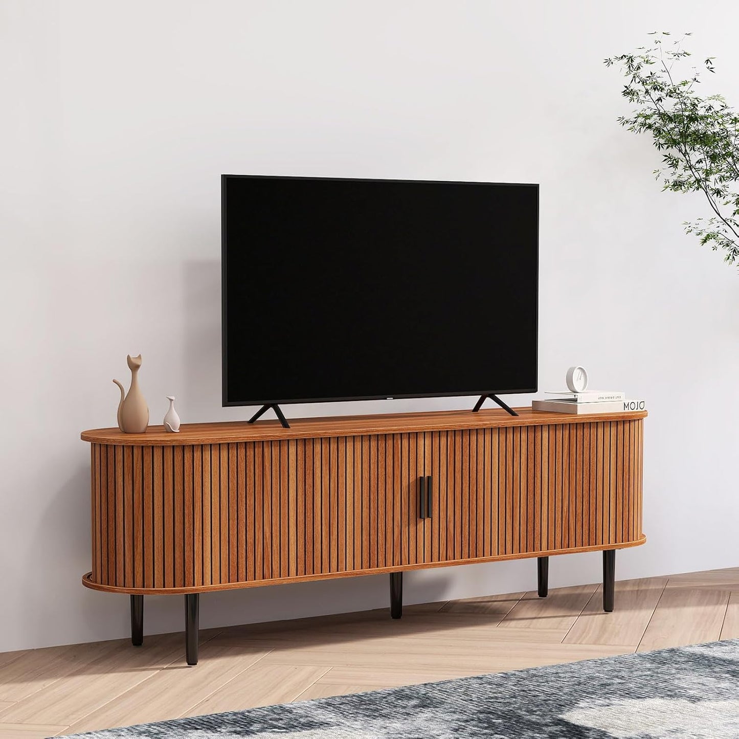 Bonzy Home 70" Mid Century Modern TV Stand, Tambour Entertainment Center with Storage, Long Media Console Television Stand with Metal Legs for up to 75'' TV, Walnut