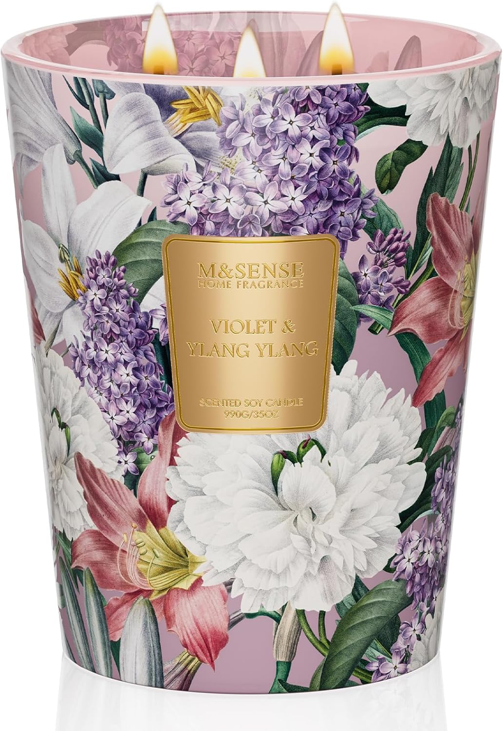 M&SENSE Violet YlangYlang Scented Candle, 3 Wick Soy Natural Wax Candles, 35oz 150H Long Lasting, Aromatherapy Sleep Calm Home Fragrance for Women Men
