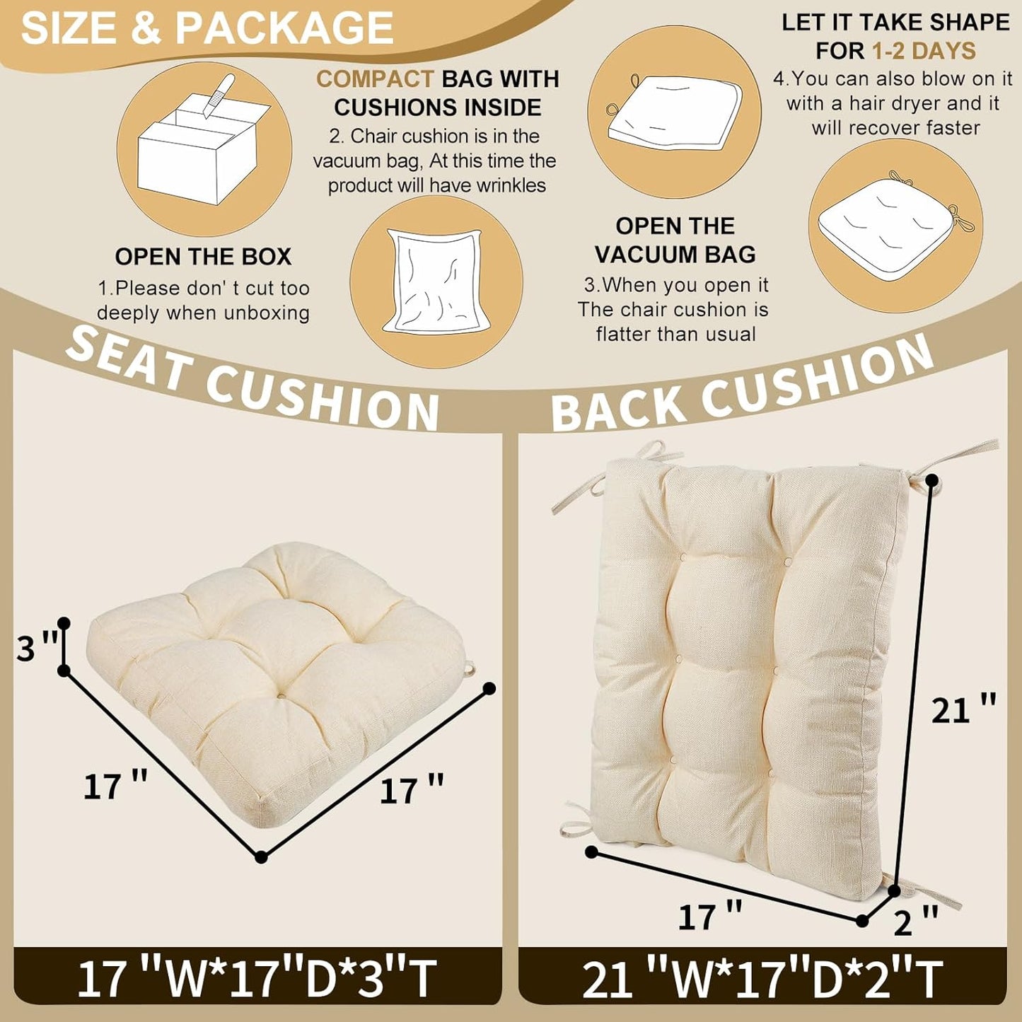 BUYUE Chair Cushion Set for Rocking Chair, Back Pillow & Seat Cushion with Ties, Original Woven Fabric Non-Slip Chair Pads for Elderly Sitting, Beige