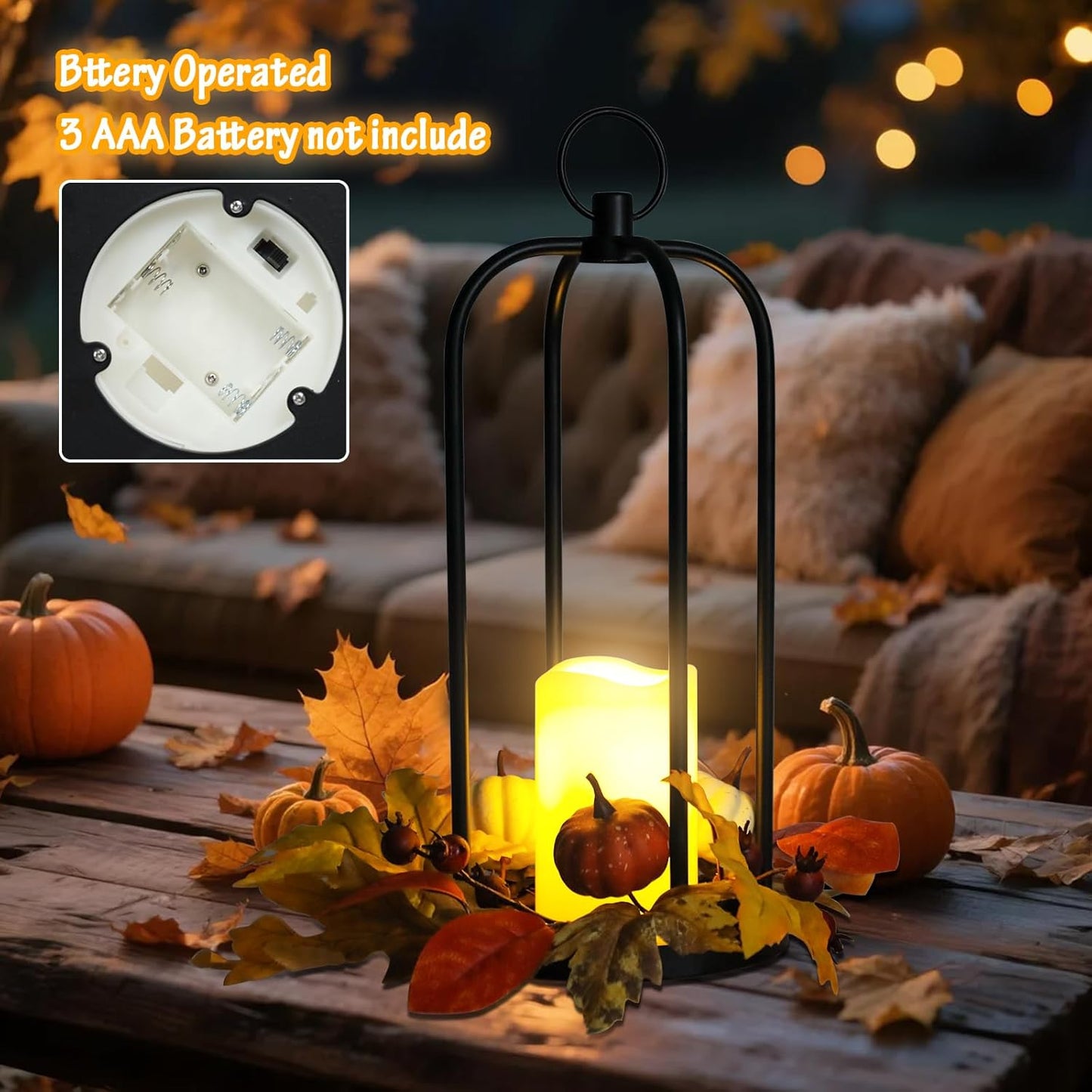 Fall Decor Lanterns Outdoor, 14" Waterproof Decorative Lantern Indoor Decor Metal Hanging Candle Holder LED Flameless Candle Lantern for Patio, Porch, 2 Packs