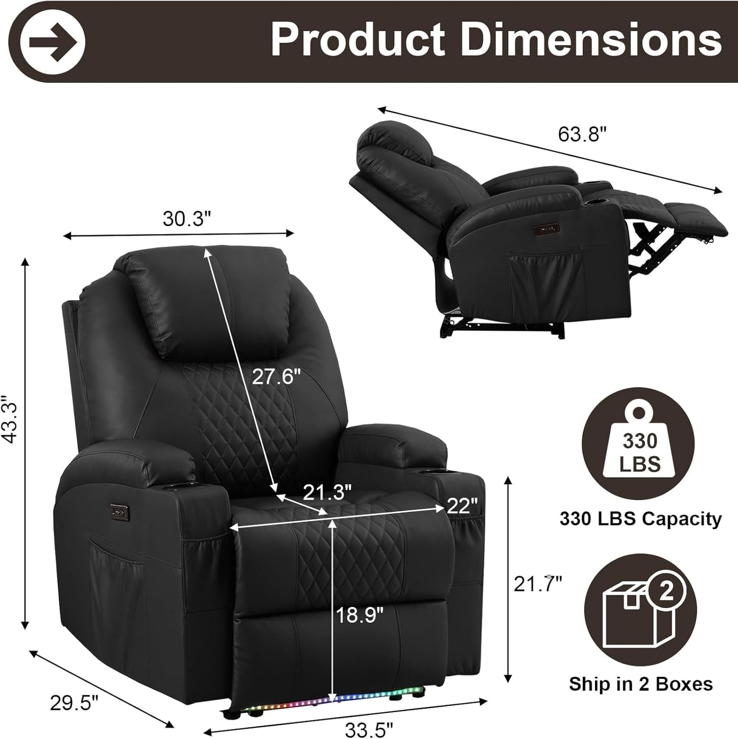 AHMED Power Recliner Chair with Vibration Massage & Heat for Adults, Faux Leather Home Theater Seating with Cup Holders/LED Lights/USB Ports/Side Pockets for Living Room, Black