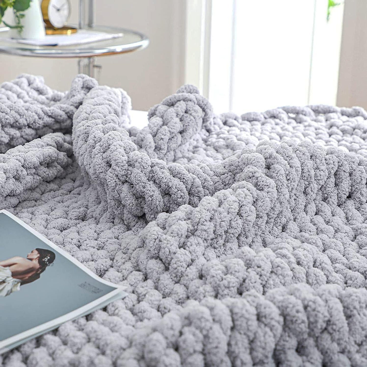 Bigacogo Chunky Knit Throw Blanket for Couch, 80x90 inches, 100% Hand Knitted with Thick Jumbo Chenille Yarn, Cozy Soft Large Rope Knot Cable Crochet Blankets for Sofa Bed Living Room, Light Grey