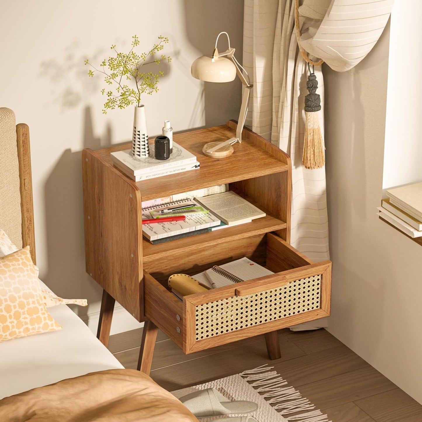 Lerliuo Rattan Nightstands Set of 2, Side Table with Drawer, Cane Accent Bedside End Table with Solid Wood Legs, Mid Century Modern Night Stand for Bedroom, Dorm and Small Spaces (Tea Brown)