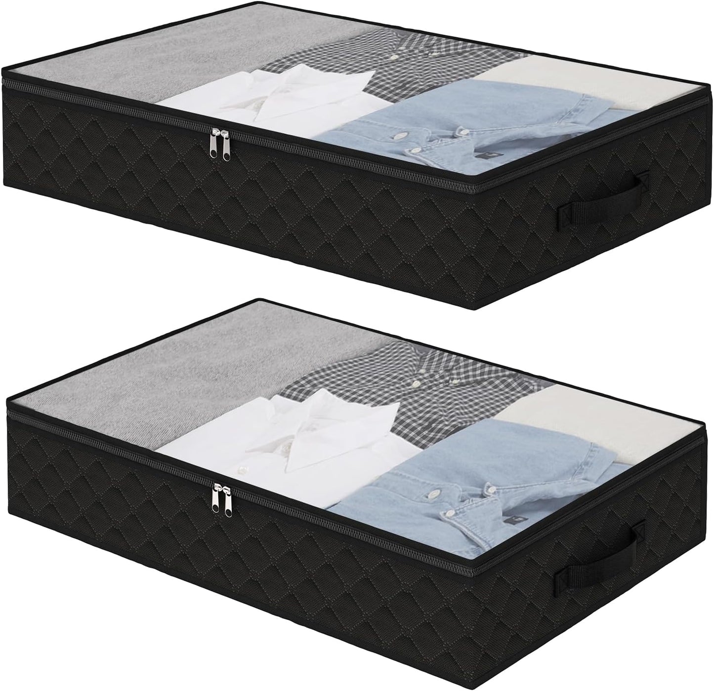 Fixwal Black Underbed Storage Bags with Clear Window and 2 Reinforced Handles Under Bed Storage Containers for Clothing, Bedding, Comforter (2 Pack)
