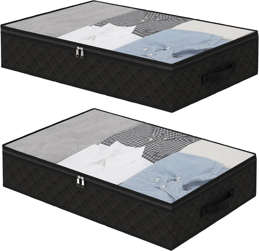 Fixwal Black Underbed Storage Bags with Clear Window and 2 Reinforced Handles Under Bed Storage Containers for Clothing, Bedding, Comforter (2 Pack)