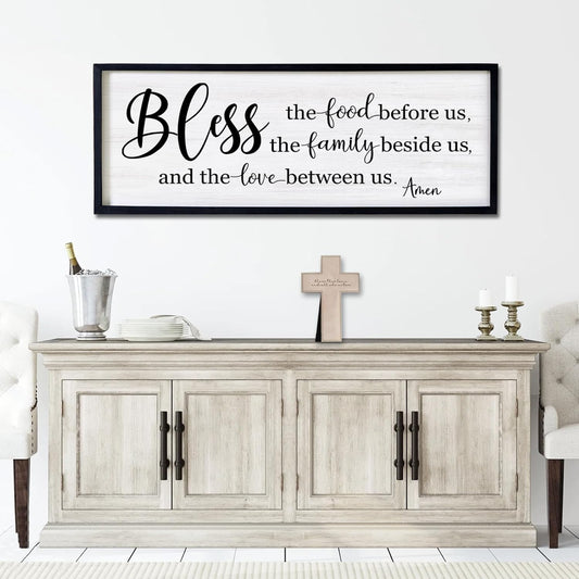 Bless the Food Before Us, the Family Beside Us, and the Love between us Framed Wall Art for Dining Room, 40''×15'' Holy Positive Religious Rustic Bible Verse for Christian God Jesus Christ Prayer