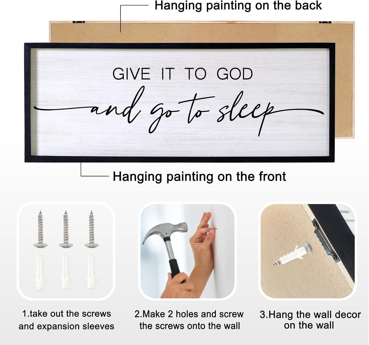 Give It to God and Go to Sleep Decorative Rustic Sign & Plaque Framed Wall Art for Couples, 40''×15'' Cottagecore Wooden Horizontal Wall Decor Above Bed, Vintage Farmhouse Wedding Gift for Bedroom