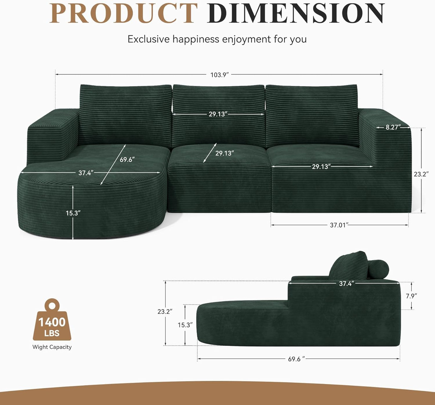 Modular Sectional Sofa with L-Shape Chaise,Cloud Sectional Modern Sleeper Couch with Deep Seat,Sponge Compression Sofas No Assembly Required (Green-Corduroy Fabric) 1PCS