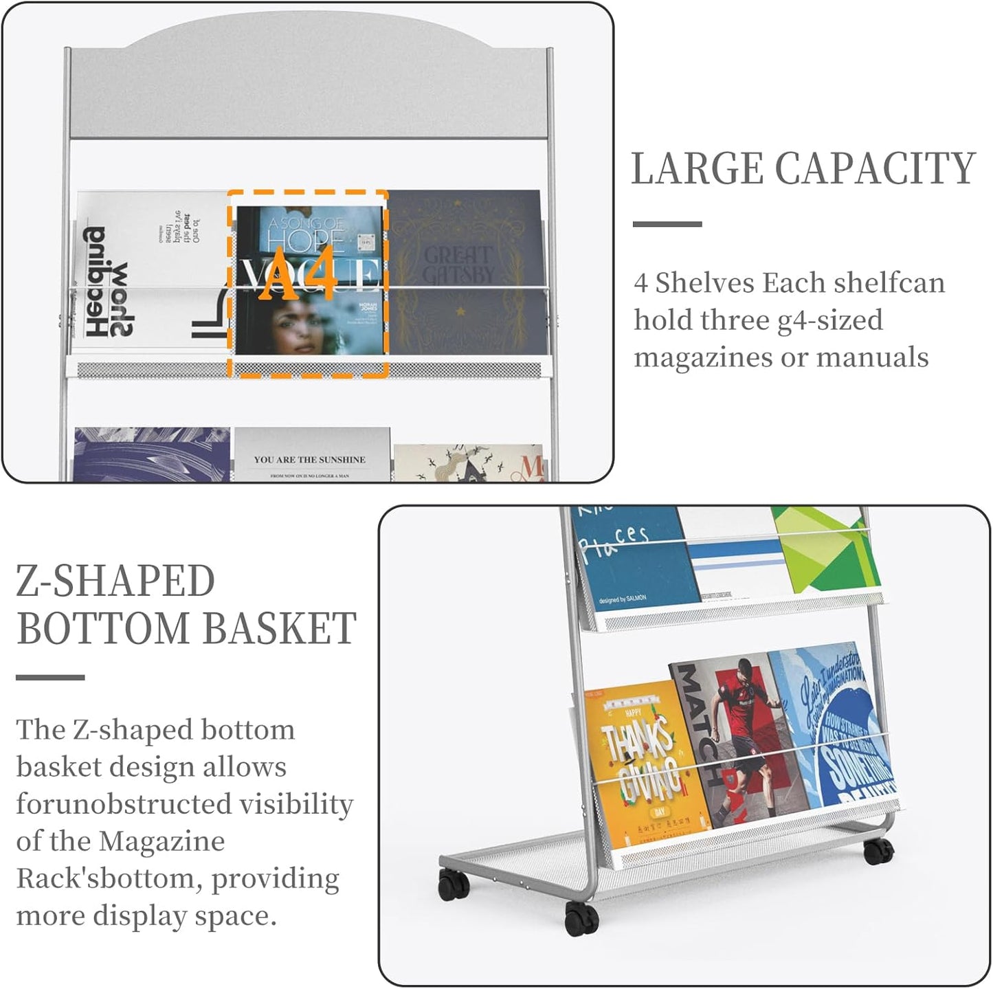 Floor-Standing Magazine Rack 4-Layer with Wheels, Semi-arched top Brochure Display Stand, High-hardness metal for Exhibitions, Office, and Any Organization Requiring Information Display (Arc-Sliver)