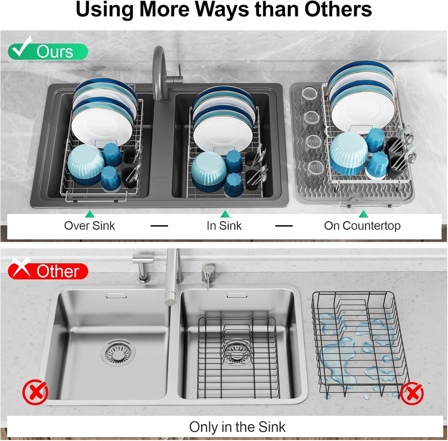 GSlife Stainless Steel Dish Drying Rack - Capacity Expandable in Sink Dish Drainer with Silicone Mat, Over Sink Dish Rack with Utensil Holder for Kitchen Counter, Large Capacity, Silver