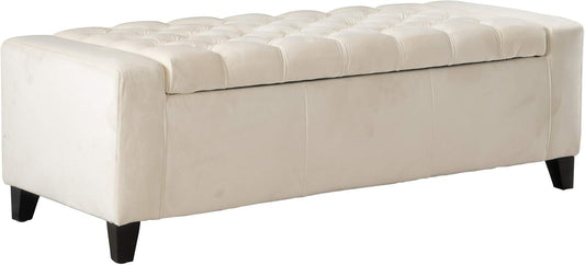 Christopher Knight Home Hikaru Velvet Storage Ottoman, Ivory 19.75”D x 50.00”W x 17.48”H