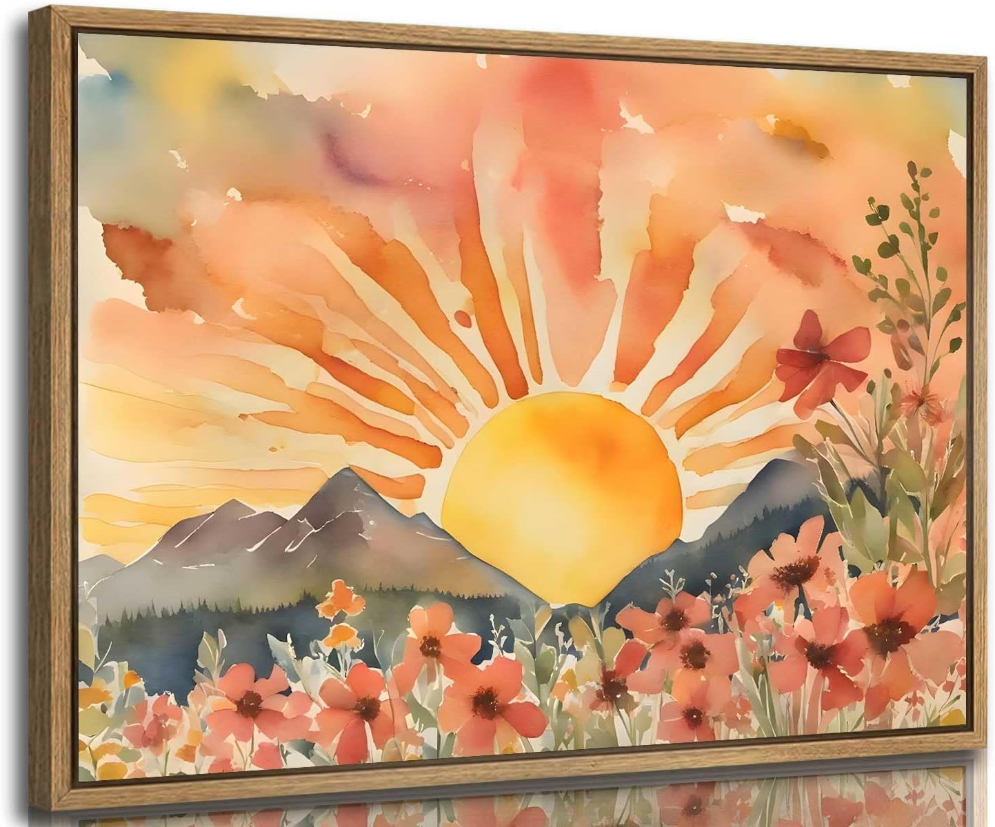 Framed Boho Sun Canvas Wall art Mid-Century Modern Abstract Bohemian Sunset in The Mountains Watercolor Wildflowers Sunrise Landscape Picture Wall Decor Poster Print Artwork for Living Room