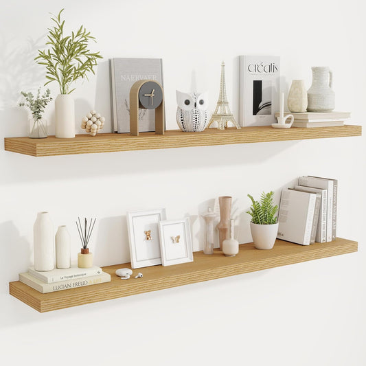 Fun Memories 55 Inch Fireplace Mantel Shelf -Long Floating Shelves, Deep Wall Mounted Farmhouse Display Shelves with Invisible Heavy Duty Metal Bracket, Oak, 2 Pack