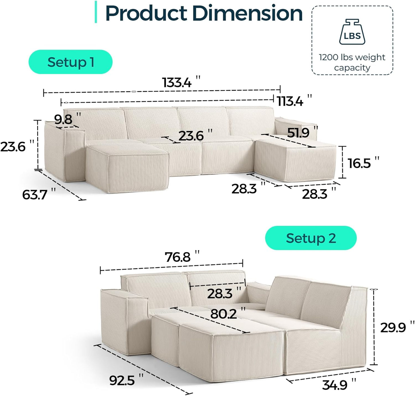 LINSY HOME Modular Sectional Sofa, 134" Boneless Couch U Shaped 4-Seat Sofa with 2 Movable Ottomans, Corduroy Sectional Cloud Couches for Living Room, No Assembly Required, Beige