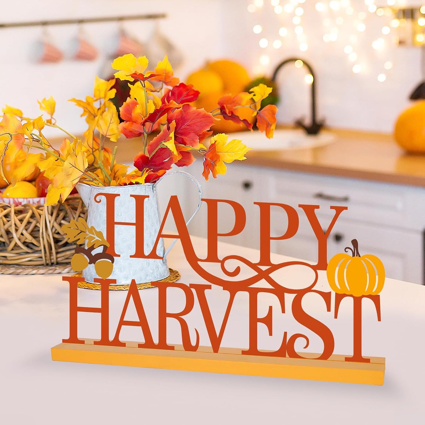 COCHIE Metal Happy Harvest Sign, Orange Fall Decorations for Home, Office, Shelf, Mantel, Indoor, Autumn Pumpkin Decoration, Hello Fall Leave Decor (Harvest)