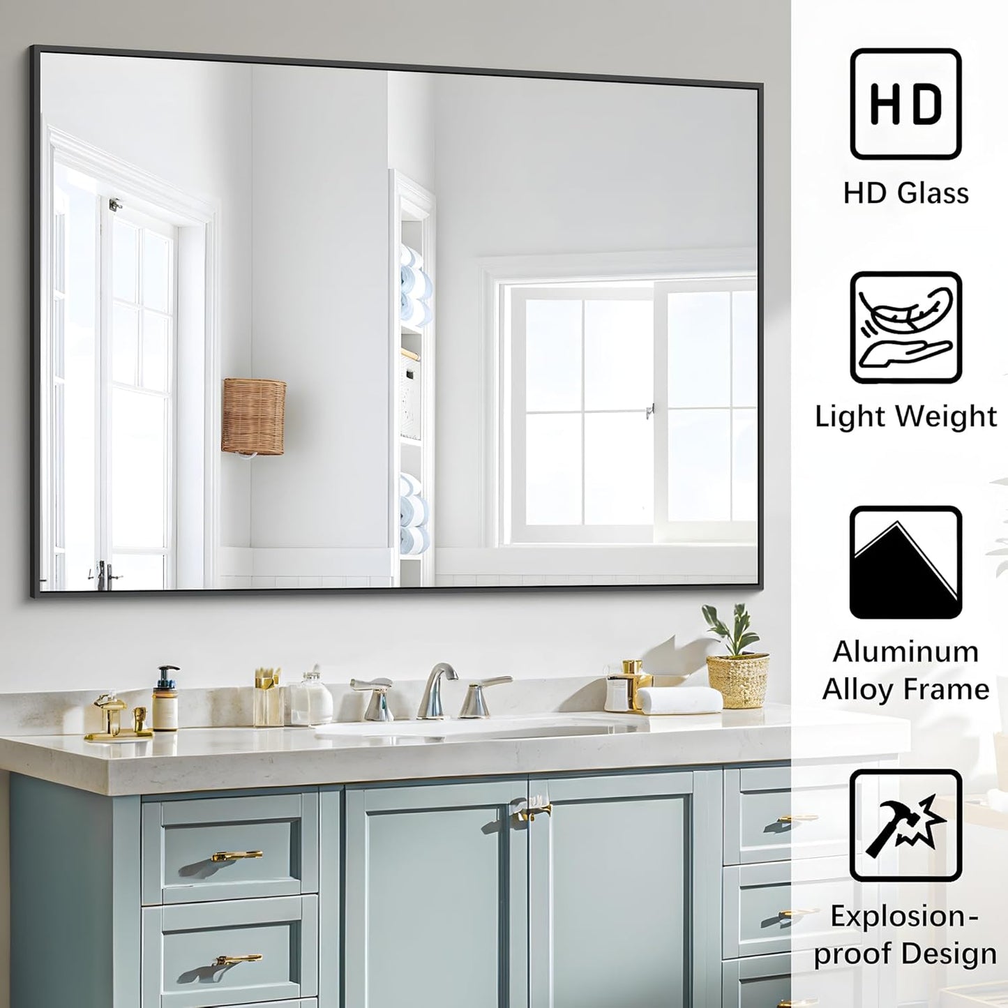 Black Bathroom Mirror, 48"X36" Rectangle Mirrors for Wall Metal Frame, Modern Vanity Wall Mirror for Bathroom Living Room, Entryway Hangs Horizontal or Vertical