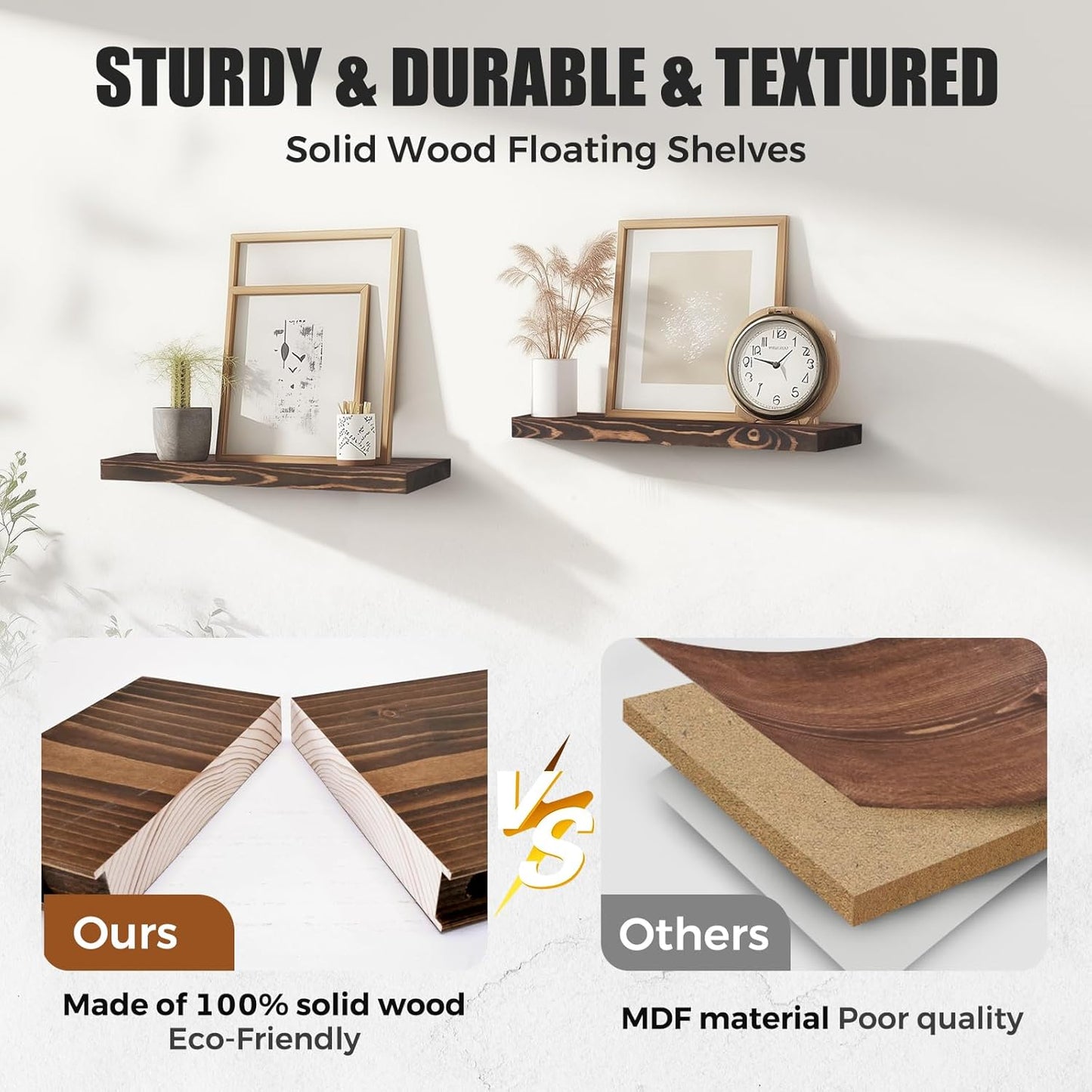 Floating Wall Shelves - 16"x6.8"x1.2" Sturdy Rustic Brown Solid Wood Shelves for Storage and Décor, Easy Installation for Living Room, Bedroom, and Kitchen - 2 Pack