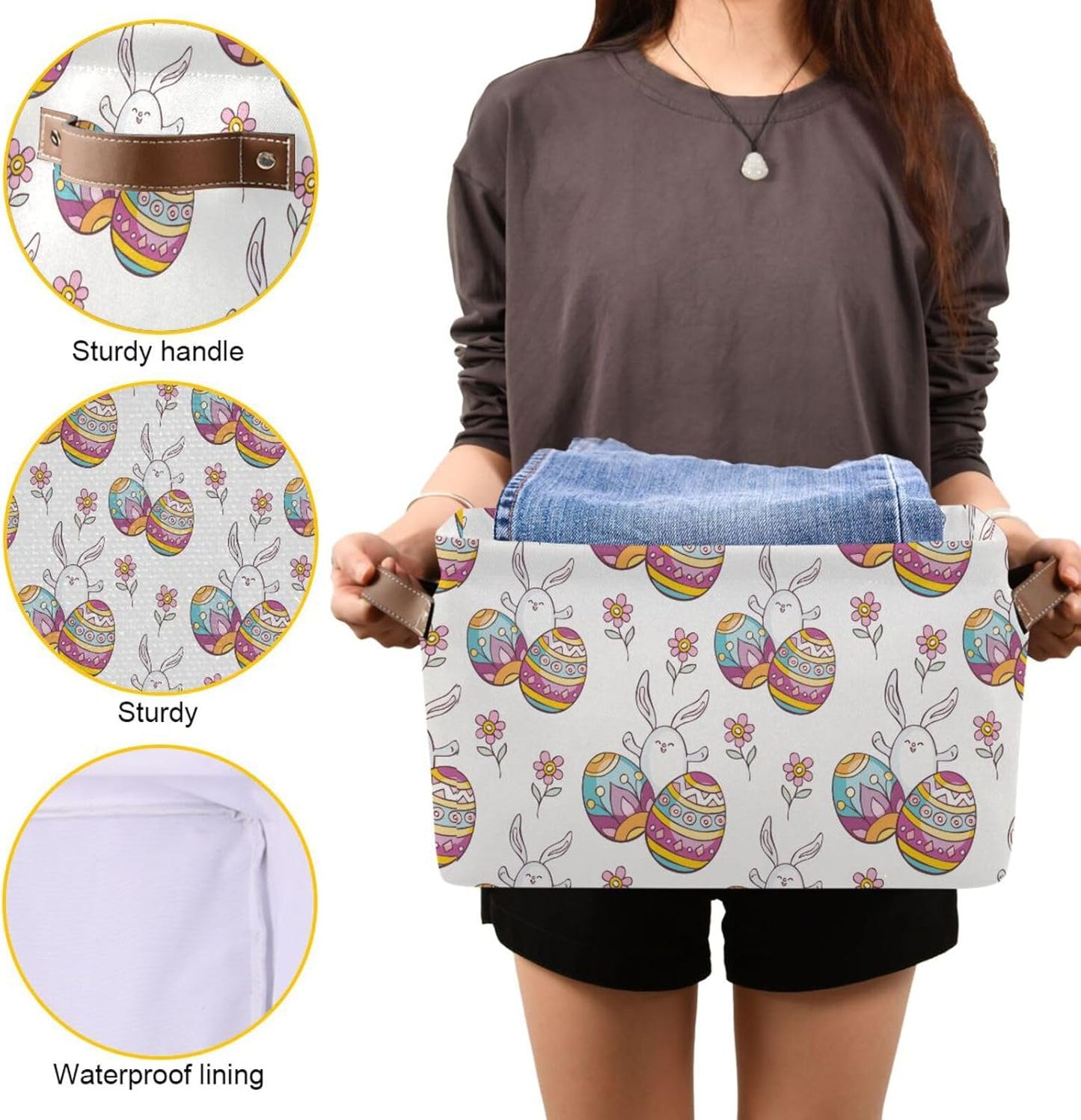 susiyo Easter Storage Basket with Handles, Cute Easter Rabbit Egg Large Foldable Fabric Collapsible Storage Bins Organizer Bag for Storage