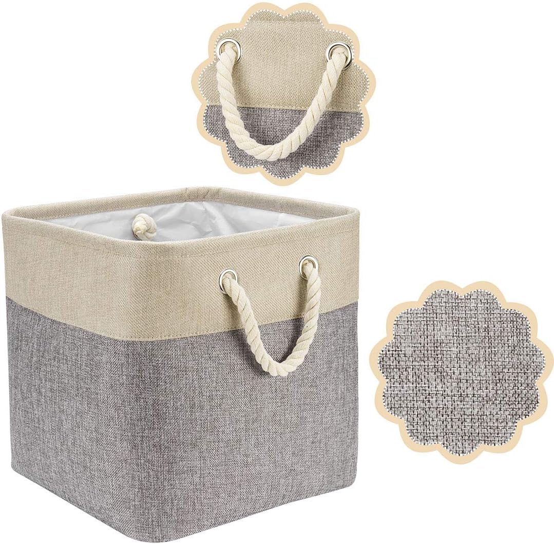 i BKGOO 3Pack Large Foldable Storage Bins，Collapsible Sturdy Cationic Fabric Organizing Storage Basket Cube with Cotton Handles for Home Office Shelf Clothes Toys Khaki-Grey 13×13×13 inch