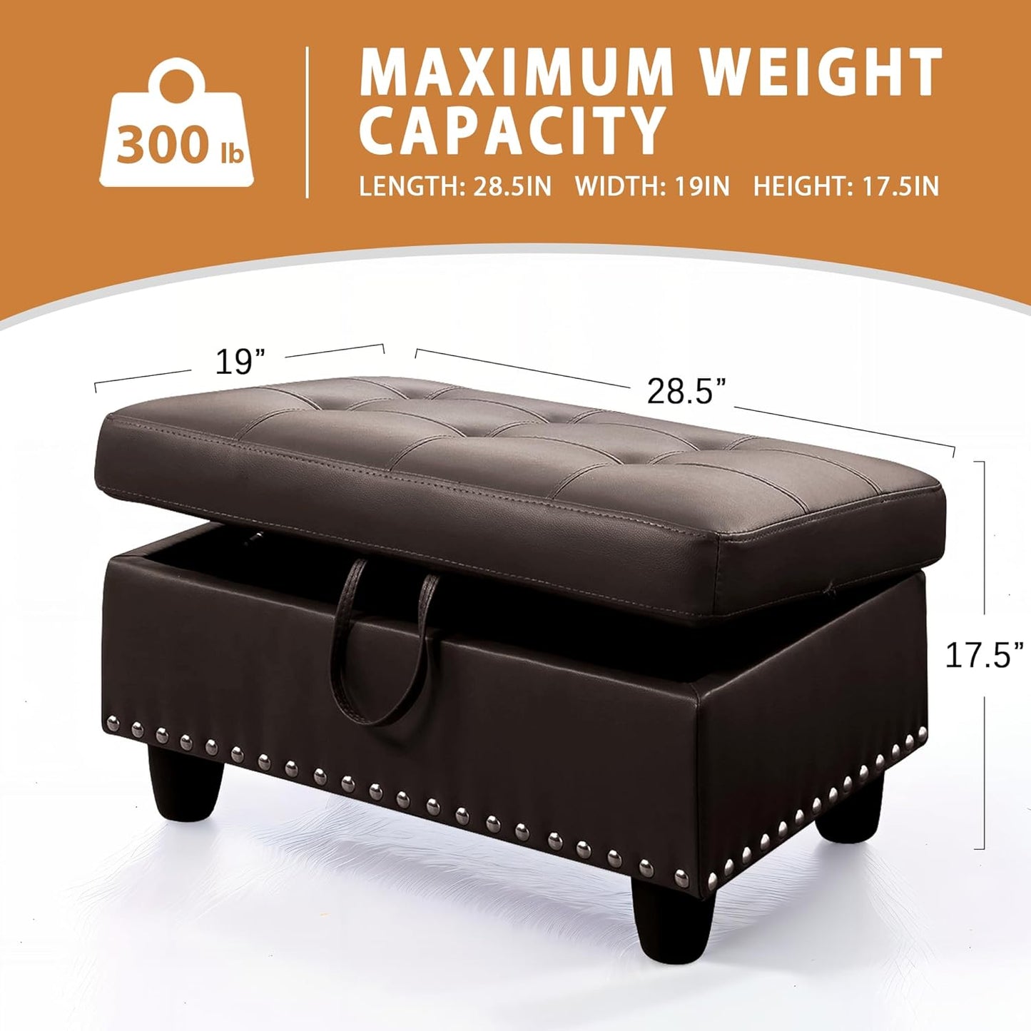 Ottoman Rectangular Storage Ottoman Bench, Faux Leather Footrest, Coffee Table, Stool Footstool with Hinged Lid for Living Room, Bedroom, Entryway, Brown, 28.5"x19"x17.5"
