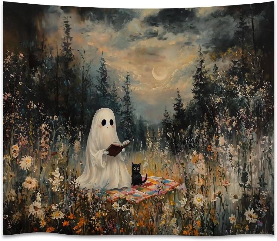 Halloween Ghost and Black Cat Tapestry Wall Hanging Spooky Ghos Reading Book in Wildflowers Wall Decor Halloween Witchy Room Aesthetic Tapestries for Goth Living Room Bedroom Decoration 60x80inch
