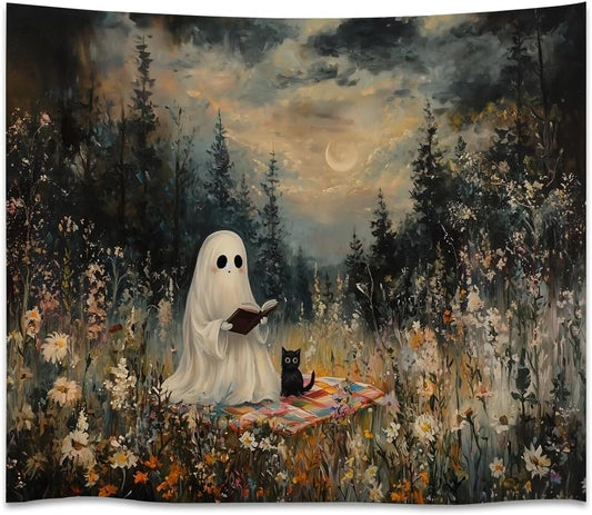 Halloween Ghost and Black Cat Tapestry Wall Hanging Spooky Ghos Reading Book in Wildflowers Wall Decor Halloween Witchy Room Aesthetic Tapestries for Goth Living Room Bedroom Decoration 30x40inch