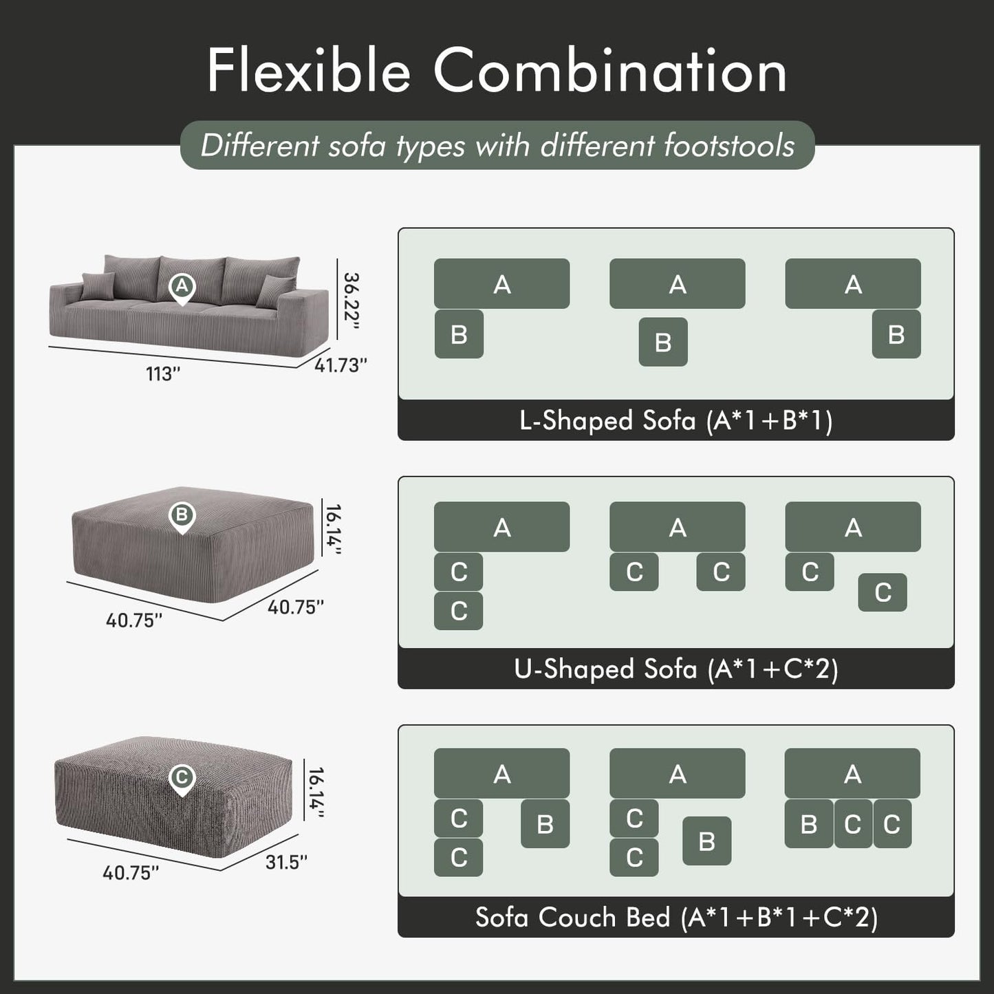 Boneless Sectional Cloud Couch Sofa for Living Room, 112" L-Shaped Modular Modern Lounge Sleeper Grey Couches with Chaise, No Assemble, Cordury Compression Upholstered Sofas