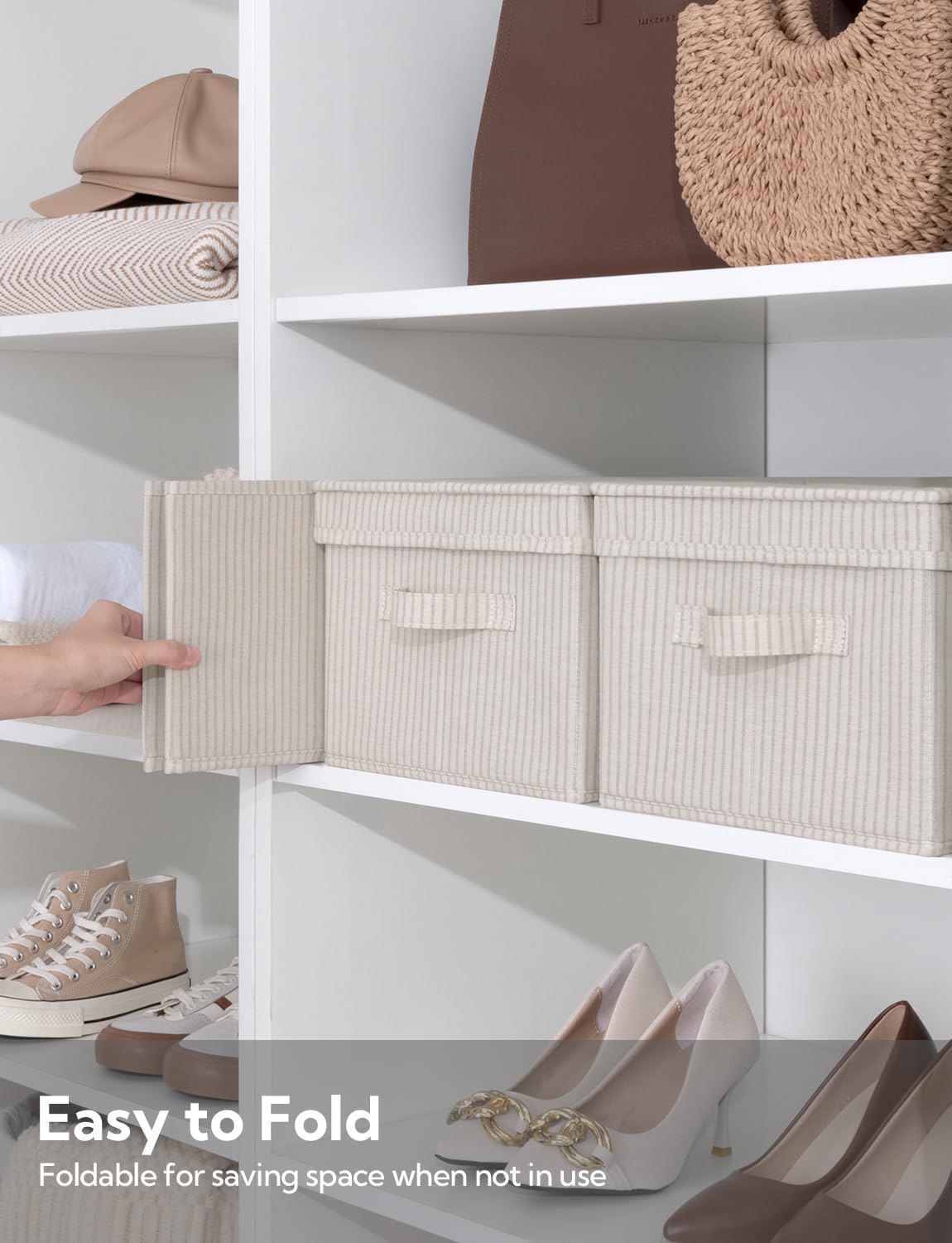 StorageWorks Large Storage Bins with Lids, Decorative Storage Boxes with Lid and Handles, Foldable Storage Baskets for Closet, Shelves, Stackable, Khaki Stripe, 3-Pack