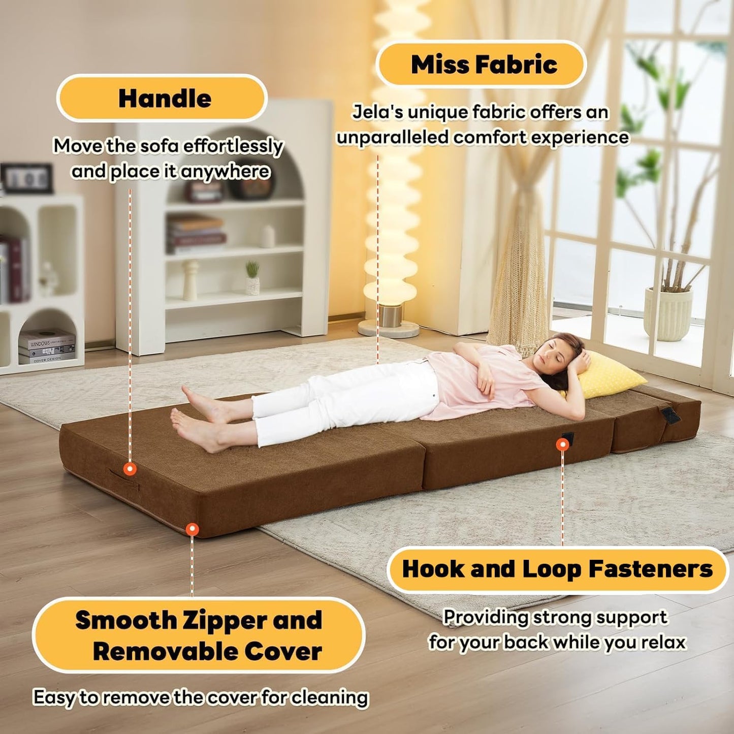 jela Foldable Sofa Bed Large Soft Foam Convertible Sleeper Chair Luxury Miss Fabric Fold Out Chair Bed Floor Couch with Back Support Floor Sofa for Living Room Bedroom (83"x33",Coffee Brown)