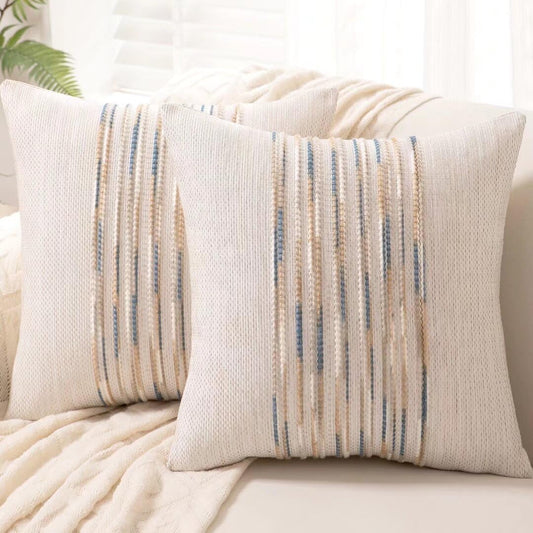 Boho Throw Pillow Covers 18x18 Set of 2 Farmhouse Decorative Cushion Case Striped Square Pillows Cover Chenille Pillow Cases Accent Neutral Pillowcase for Sofa Couch Bed,Yellow-Blue