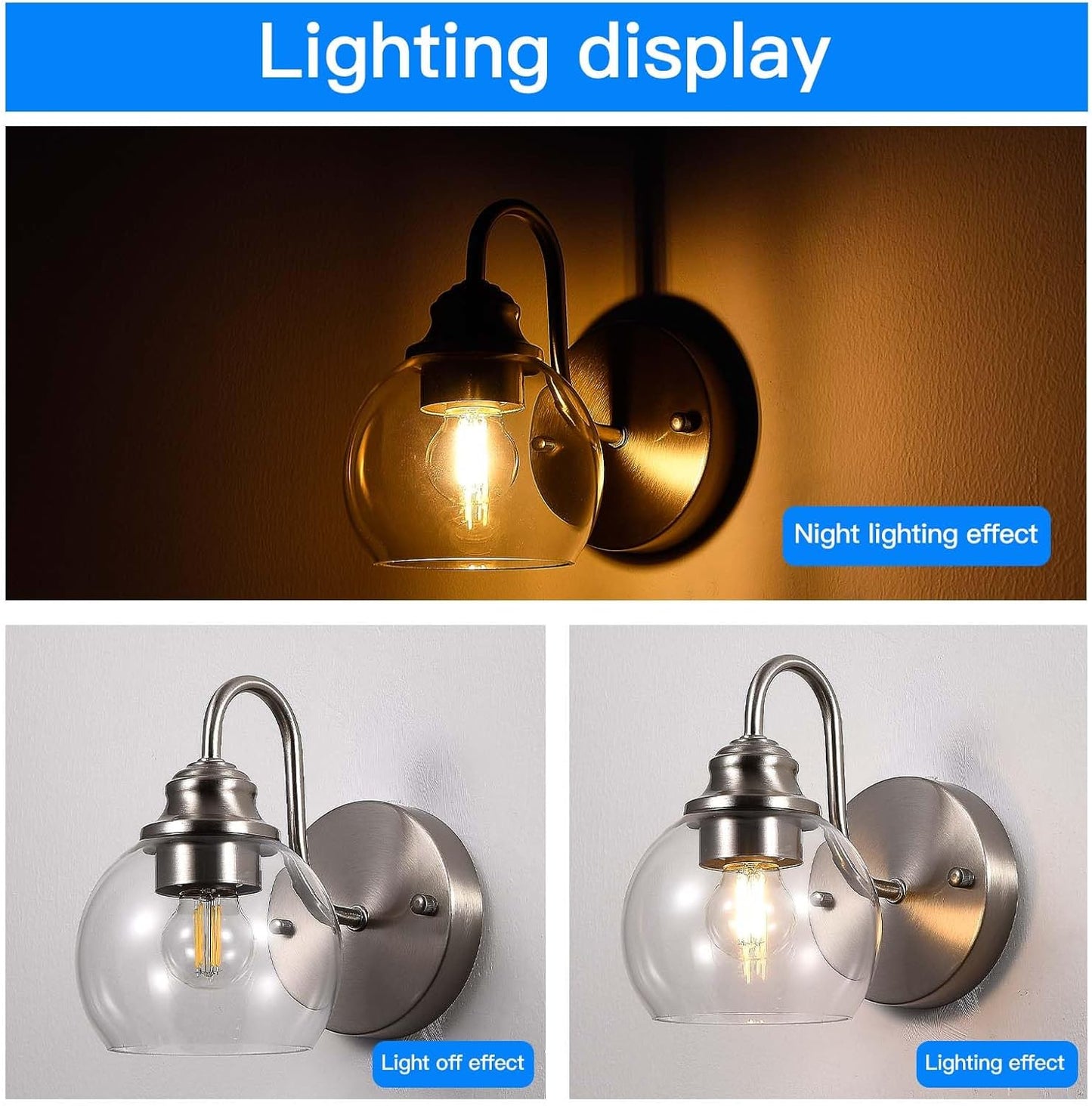 Farmhouse Gooseneck Wall Sconces Set of Two, Bathroom Brushed Nickel Vanity Light, Modern Indoor Wall Light Fixtures with Clear Glass for Bathroom Beside Mirror Living Room Hallway(Brushed Nickel)