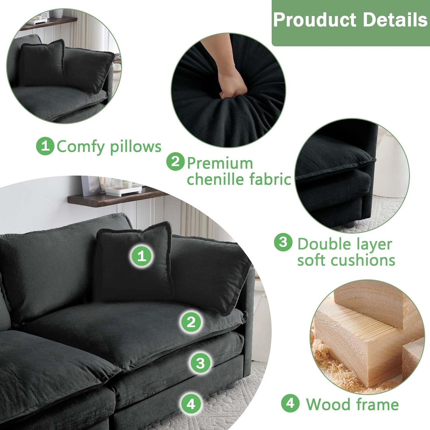 Sectional Sofa 3 Seater with Movable 1 Ottoman,Oversized Modular Couch Deep Seat (Black, 111.5 inch-L)