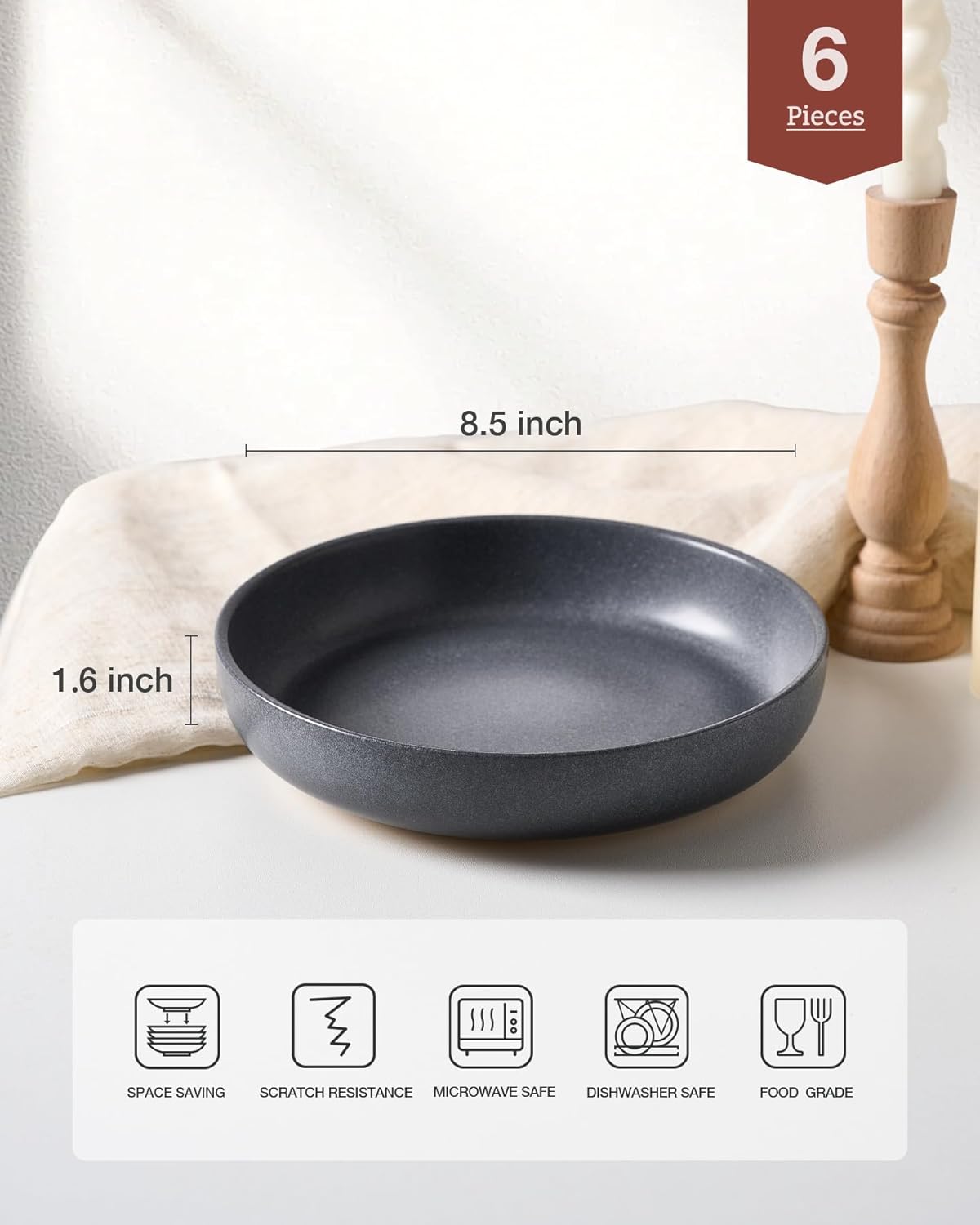 famiware Milkyway 33 oz Bowl Set, Pasta Bowls Set of 6, Salad Bowls Perfect for Your Friend for Housewarming, Thanksgiving, Christmas, Matte Dark Charcoal