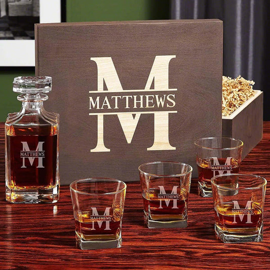 Personalized Whiskey Decanter Set with 4 Glasses and Custom Wood Box - 9 Design Options - Bourbon Glass Set