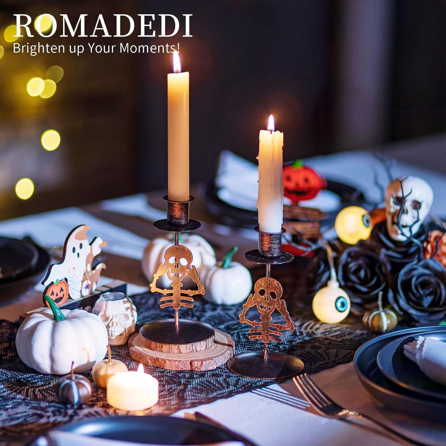 Romadedi Candle Holder for Halloween Decor: Set of 2 Black Gothic Skull Taper Candlestick Table Centerpiece Decorations Spooky Party Dinning Room Home Indoor