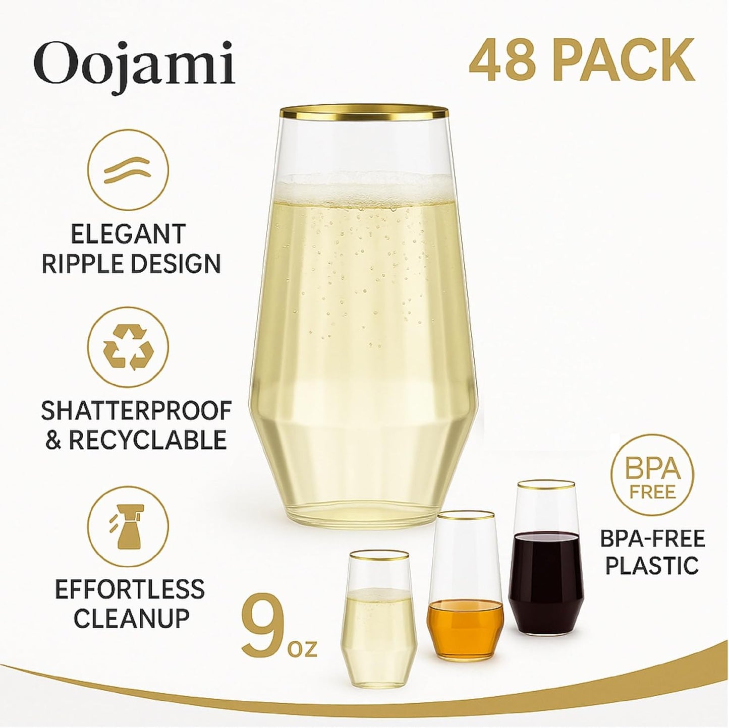 48 Pack Diamond Unbreakable Stemless Plastic Wine Stemless Toasting coacktail Glasses, Durable 9 Oz BPA-Free Disposable Champagne Flutes for Weddings, Bars, Events, and Celebrations (Diamond Gold Rim)