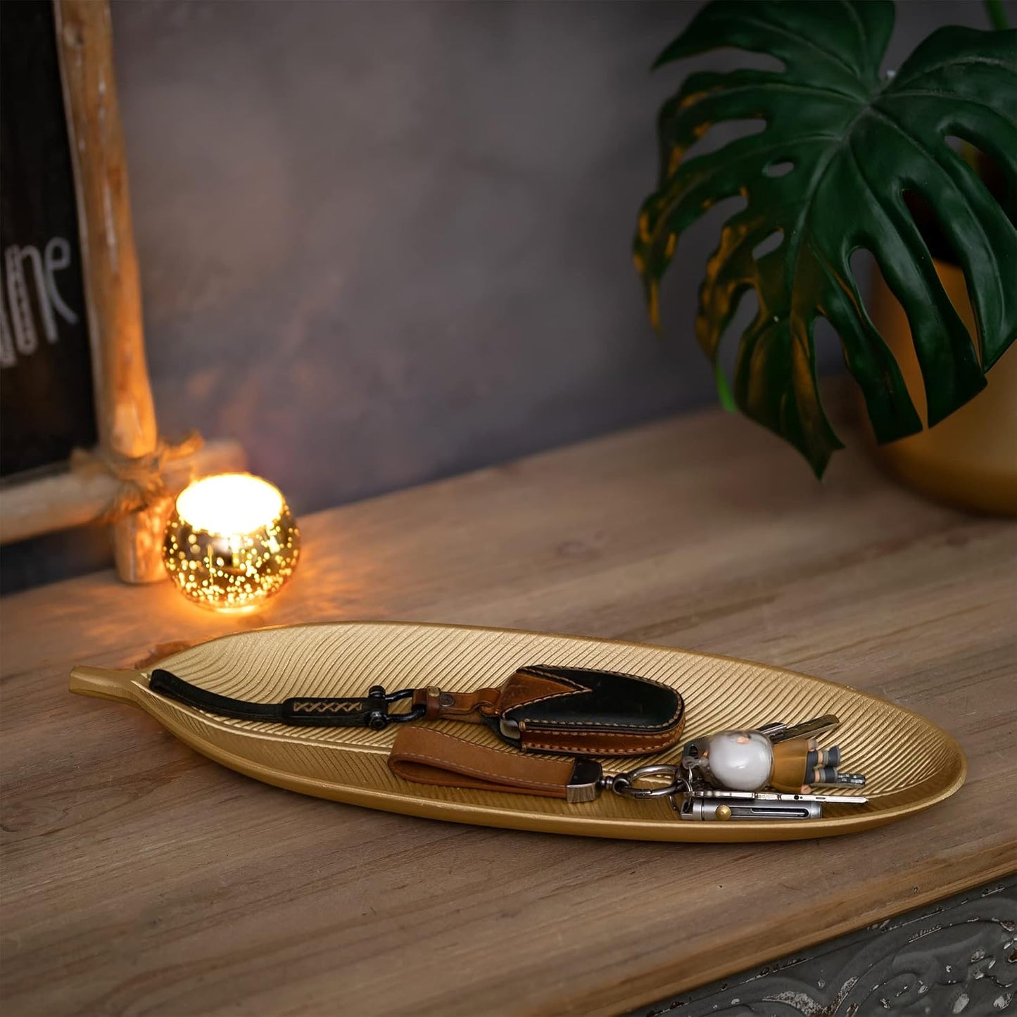 Hanobe Leaf Wooden Decorative Tray: Leaf Shaped Wood Key Tray Decor Leaves Bowl for Crystal Small Candle, Gold
