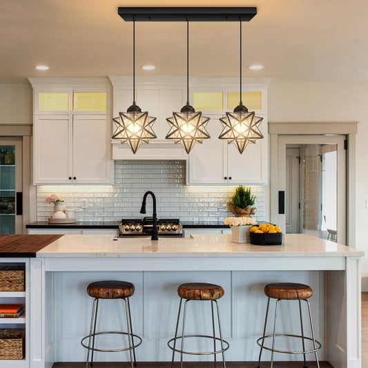 Farmhouse Modern Glam Chandelier Dining Room Clear Glass Star Pendants Light Fixture Kitchen Island LED Ceiling Hanging Lights Included Warm Light Bulbs Black