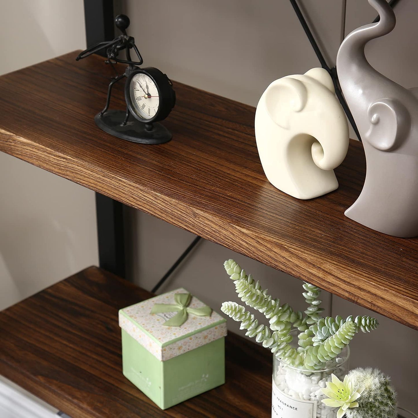 Solid Wood Bookshelf, 4-Tier Rustic Vintage Industrial Etagere Bookcase, Open Metal & Wood Vintage Book Shelf, Retro Brown