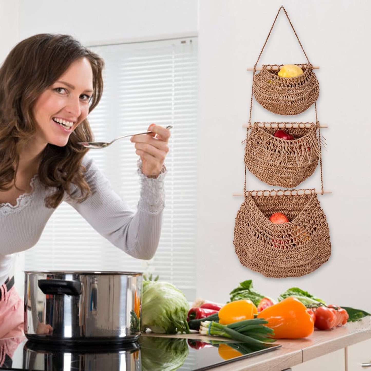 Hanging Fruit Baskets for Kitchen 3-Tier Handmade Bohemian Wall Baskets for Organizing & Decorating Living Room Bedroom Wall Hanging Basket for Onion Storage & Fruit Storage