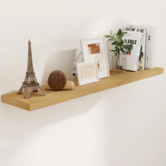 Floating Shelves 55 Inch Long, 55"W x 9"D Wall Shelf Invisible Bracket, 9 Inch Deep Floating Shelf for Wall, Rustic Wooden Shelves for Living Room, Kitchem, Bedroom, Oak Color, Set of 1