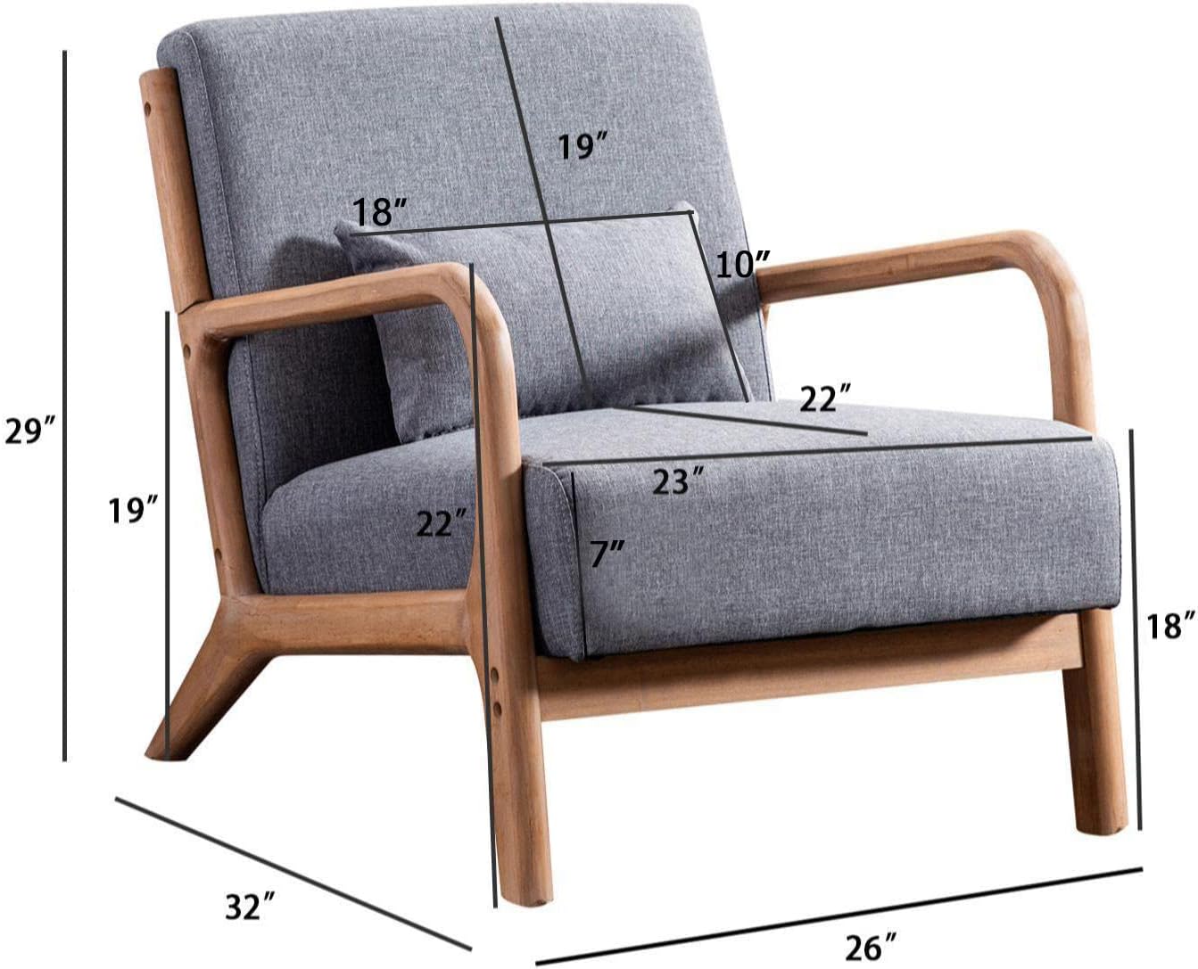 INZOY Mid-Century Modern Accent Chair Set of 2, Dark Grey Living Room Chairs with Waist Cushion, Upholstered Reading Armchair for Bedroom Sunroom
