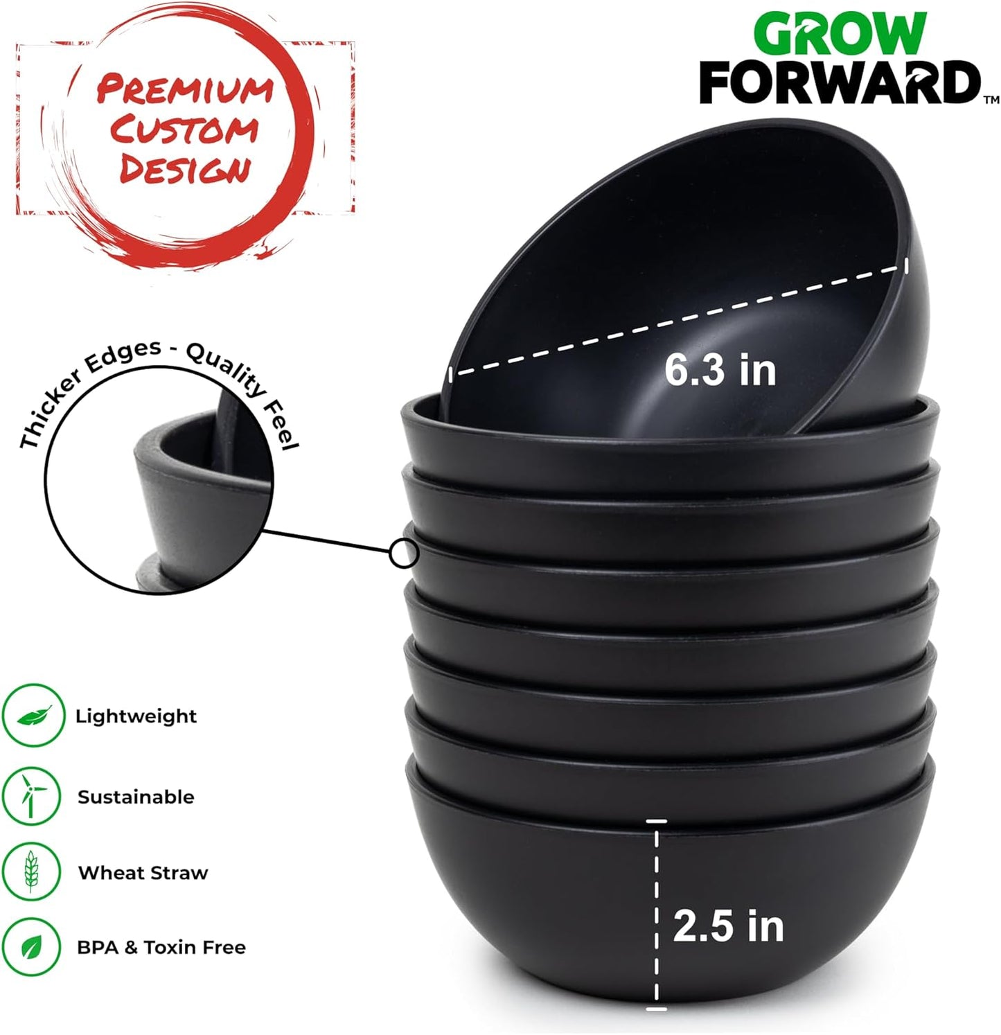 Grow Forward Premium Wheat Straw Bowls - 27oz Microwave Safe Plastic Cereal Bowls Set of 8 for Kitchen, Camping, RV, Dessert, Snack, Soup, Salad, Fruit - Reusable, Unbreakable & BPA Free - Midnight
