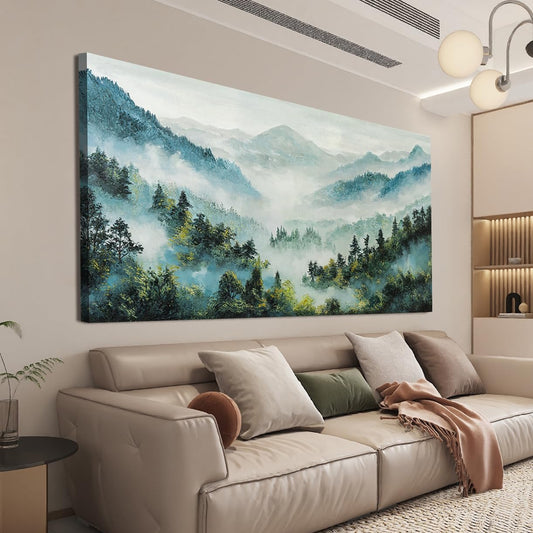 Canvas Wall Art Decor Artwork for Walls Mountain Botanical Wall Art Decor Large Landscape Wall Art for Living Room White Foggy Forest Wall Art Prints for Room Ofiice Bedroom Wall Decor 24" x 48"