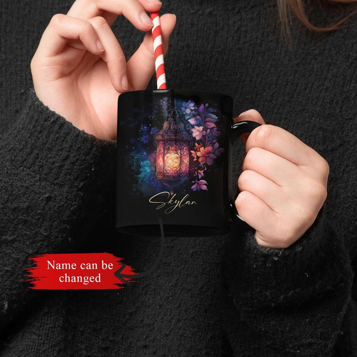 Custom Vintage Lantern With Flowers Coffee Mug, Personalized Name Ceramic Cup 11oz Or 15oz, Glowing Light And Flowers Mug, Customized Enchanted Nature Black Cup, Gift For Friends